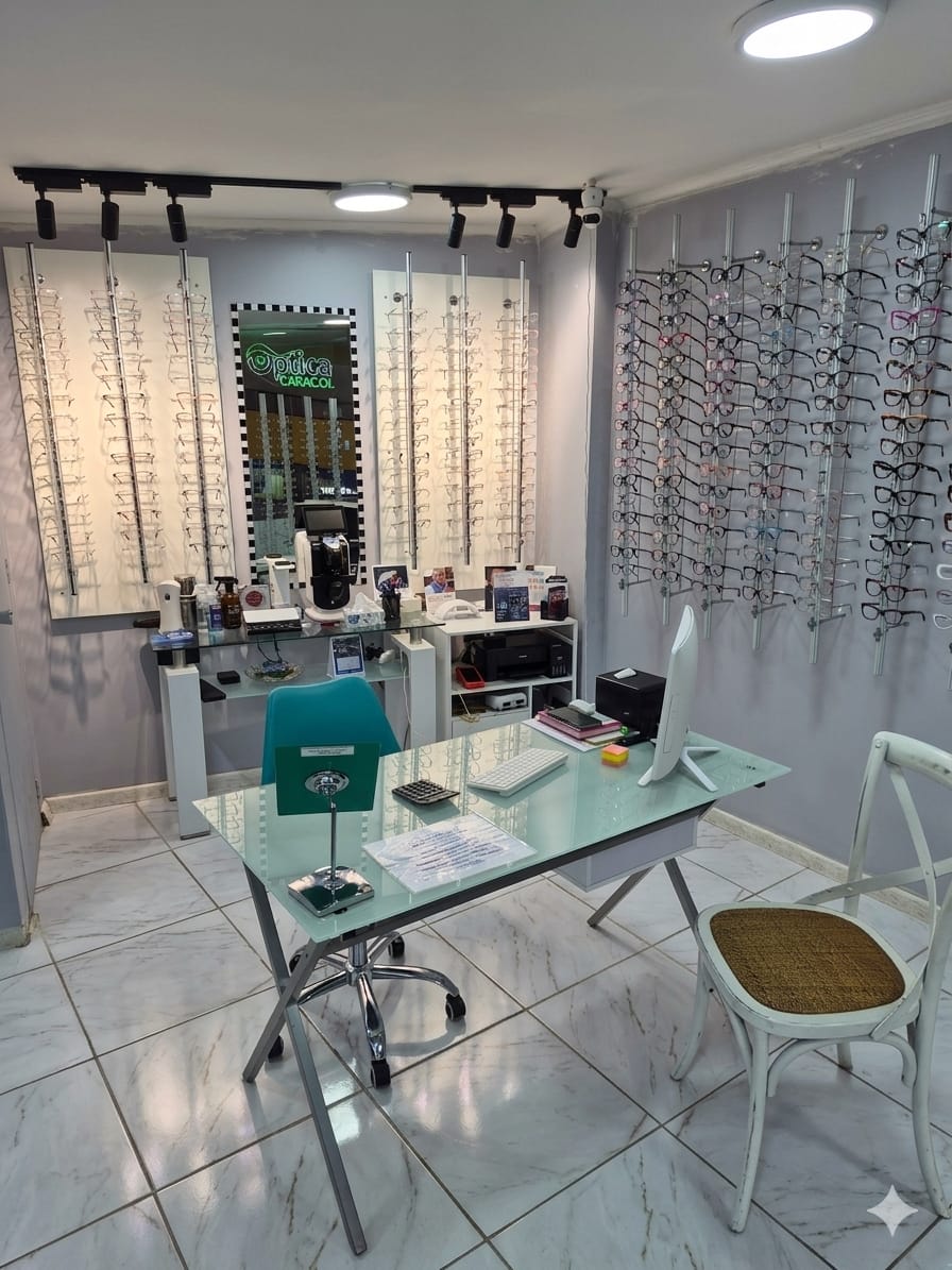 Interior de Óptica Caracol Talca con paredes de armazones y mesón de atención